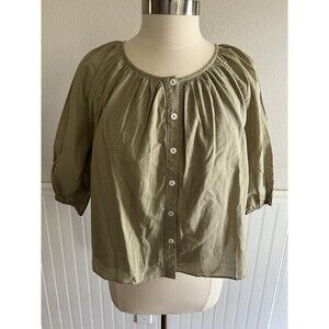 Marea Sophie Top Blouse 100% Cotton Olive Green Ruched 3/4 Balloon Sleeve XS NWT